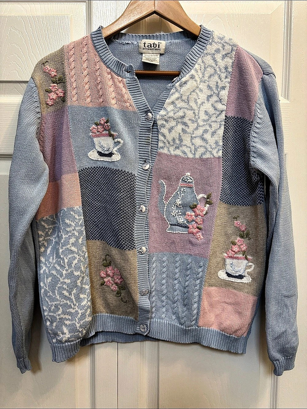 Tabi International Blue Pink Patchwork Teacup Embroidered Cardigan XL